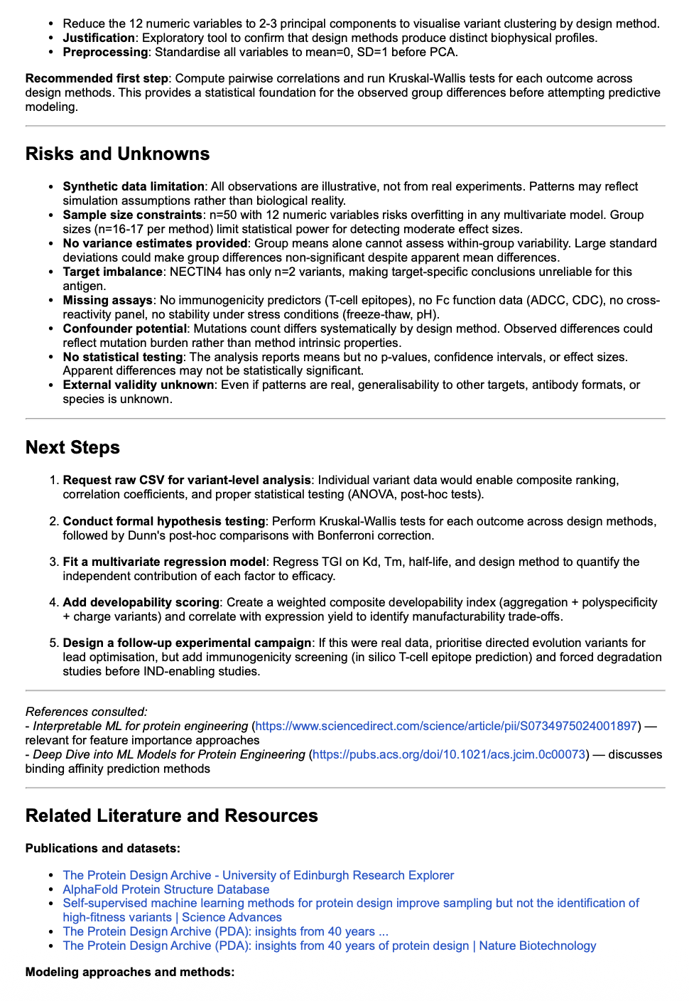 Data analysis output — risks and unknowns, next steps, references